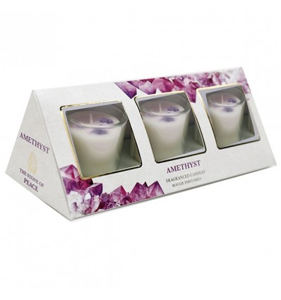 FR 1543 Set 3pz vasetto picc. d.4,5x6h con candela e pietre AMETISTA (lavanda)